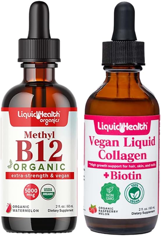 LIQUIDHEALTH orgânico metil B12 5000mcg gotas de vitamina com suco de cereja tart & 100% Vegan planta-baseado Colágeno mais gotas de biotina - energia natural aumentar, melhorar o foco, crescimento do cabelo & unhas, saúde da pele