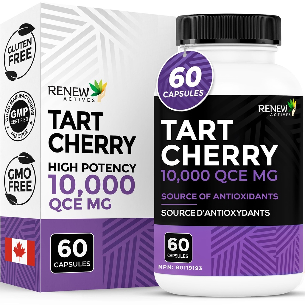 Renew Actives Tart Cherry Extra 500mg por 2 Cápsulas – Antioxidante de alta potência para Proteção Radical e Bem-Estar Grátis – 60 Cápsulas Fácil de Lavar – Feito no Canadá