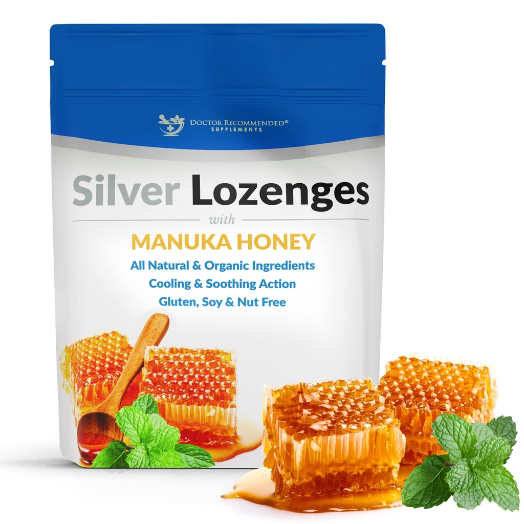 Lozenges de prata com mel Manuka orgânico e vitamina C - Nano All-Natural Prata 45-50mcg de 60 PPM Coloidal Silver Mineral Drops para apoiar o sistema imunológico, soothe, tosse fresca & garganta, 24-Lozenges