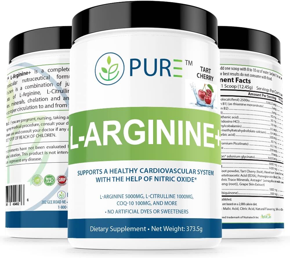 L-Arginina PURE+ L-Arginina+, L-Arginina L Citrulina CoQ10 e More! Suporte para pressão arterial, colesterol, energia, fluxo de sangue, desenvolvimento muscular e muito mais (Manga Tropical)