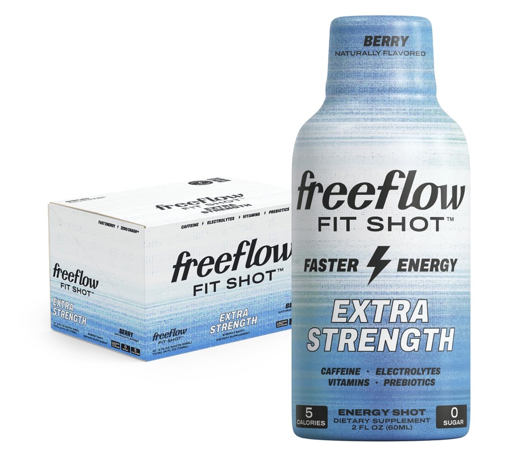 Freeflow Fit, Energia de força extra Shot, Berry (2 Ounce Shot, Pack de 12) - 150mg de cafeína por Shot, Zero Caloria, Zero Sugar Energy Shot...