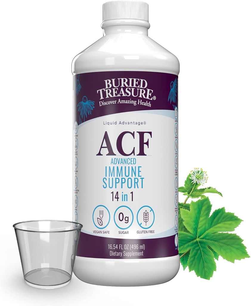Tesouro enterrado ACF Imune Support - 16 onças, 16 Servões, Vitamina C, Elderberry, Zinco, Imune líquido Imune Booster com vitaminas e minerais w/ Dose Cup