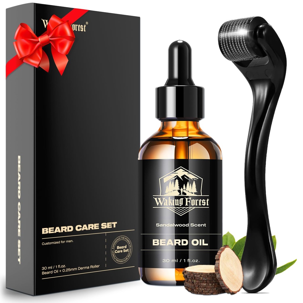 Waking Forest Derma Roller 0.25mm & Beard Oil (1oz), Sdalwood Beard Kit, Microneed Beard Roller com 540 titânio, Hidratar Natural com óleo de barba Vitamina E para homens, Pais namorado pai