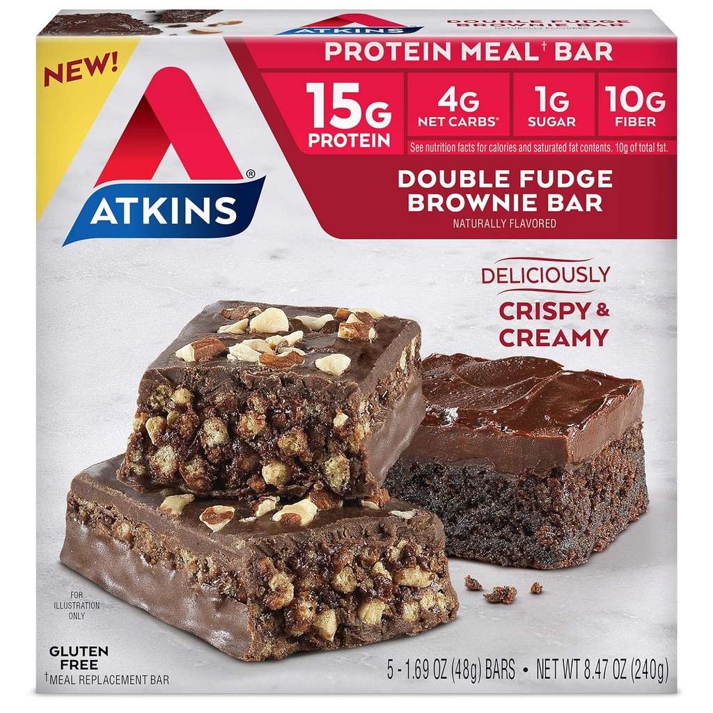 Atkins Double Fudge Brownie Protein Meal Bar, Alta Fibra, 15g de proteína, 1g de açúcar, 4g de carboidrato líquido, substituição de refeições, Keto Friendly