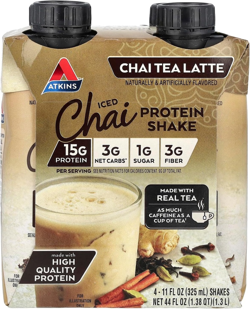 Atkins Iced Chai Tea Latte Protein-Rich Shake, Keto Friendly and Gluten Free. (4 Shakes)