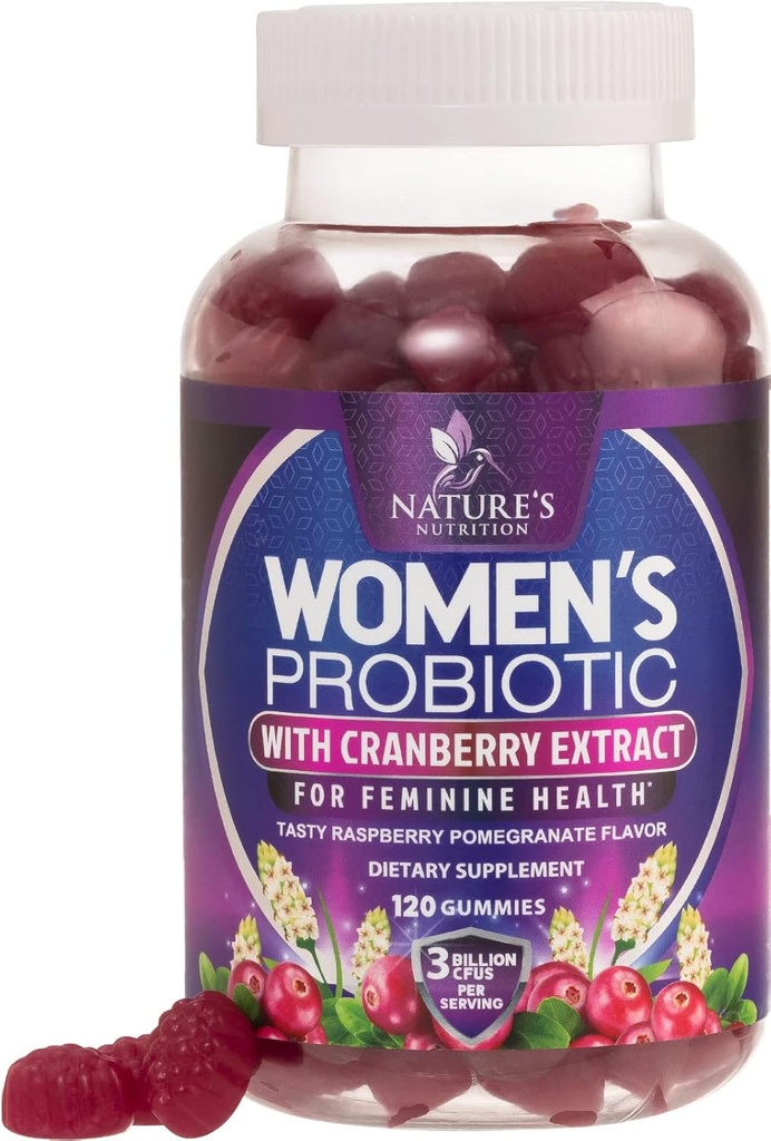 Probióticos para as mulheres Gummies com cranberry - 6 Premium Strains para equilíbrio PH, Saúde Digestiva, Suporte Vaginal e Imune, 3 bilhões UFC, Gummy Probiótico da Mulher para saúde feminina - 120 chicletes