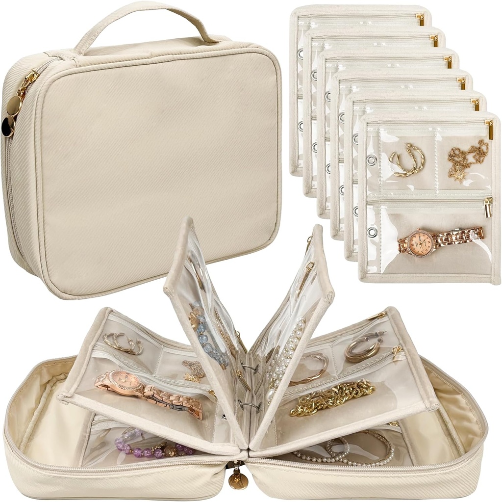 Caso organizador de jóias de viagem, Bolsas de jóias Binder livro de armazenamento de jóias com zíper transparente bolsa de veludo para viajar,Earrings, Anéis, Colar, Pulseira (branco)