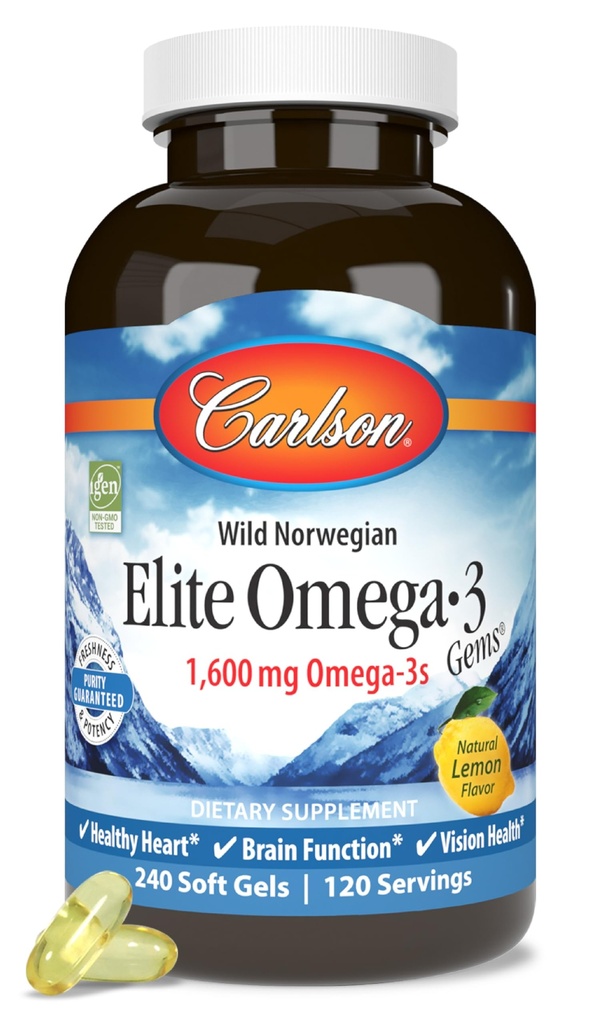 Carlson Elite Omega-3 Gems, 1600 mg Omega-3 com EPA & DHA, Lemon Flavor, 240 Softgels – Wild-Caught Norueguês Fish Oil, Fonte Sustentável
