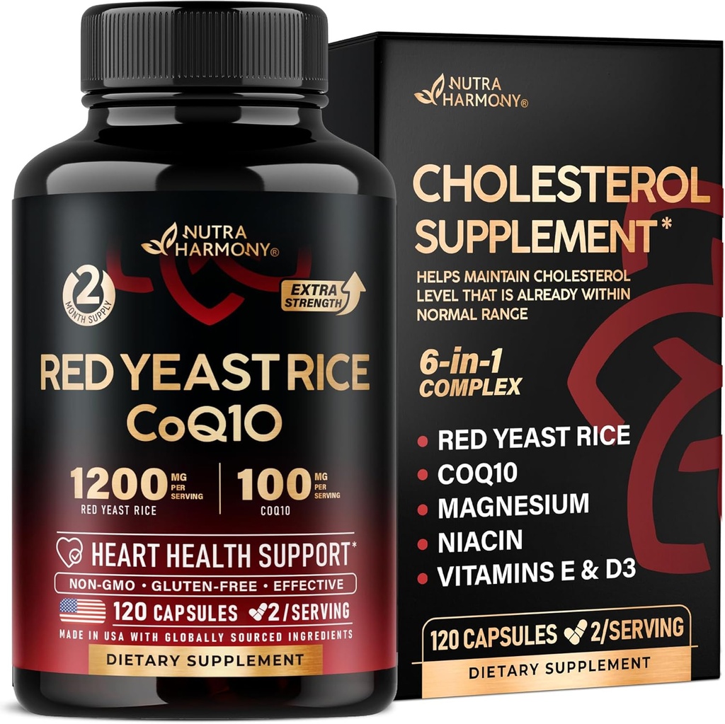 Red Yeast Rice 1200 mg com CoQ10 100 mg - com Magnésio - Vitamina E & D3 - Apoio à Saúde do Coração, Energia & Metabolismo - Eficaz, Livre de Flush & Laboratório Testado - Made in USA, 120 Cápsulas