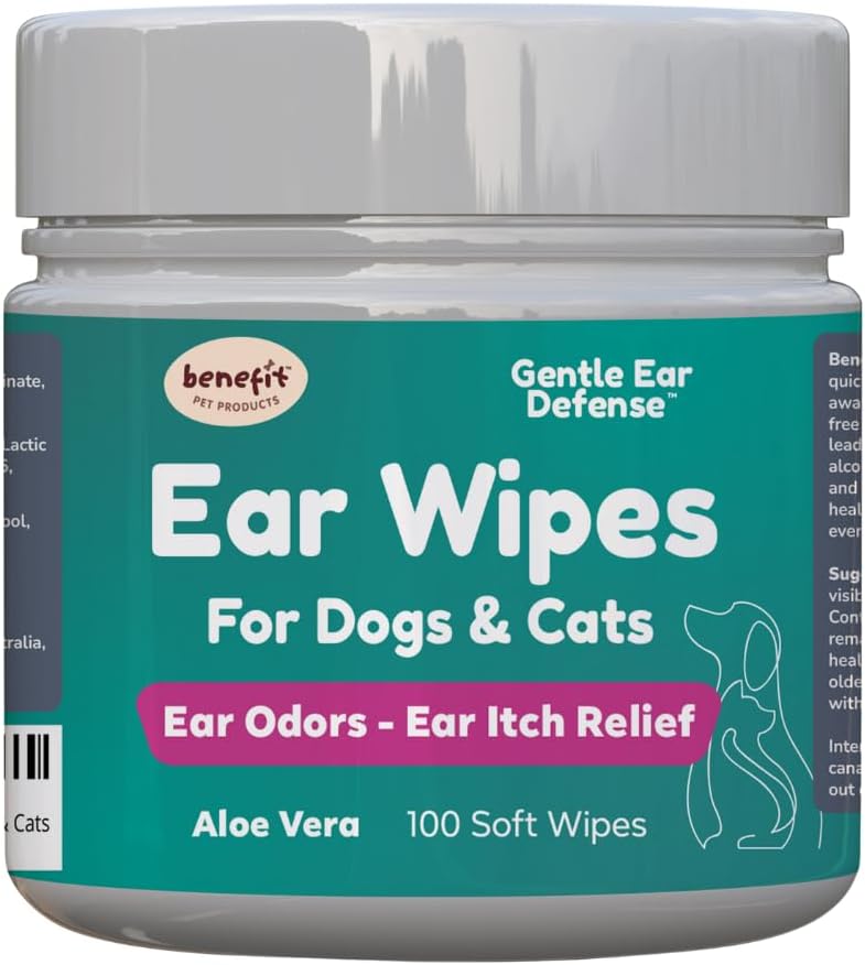 Beneficiar Produtos para Animais de estimação Toalhitas de Orelhas - Limpador de Orelhas para Cães Para Prevenir Infecções, Coceiras e Odor - Aloe & Eucalyptus, Toalhitas de Orelhas - 100 Contagem