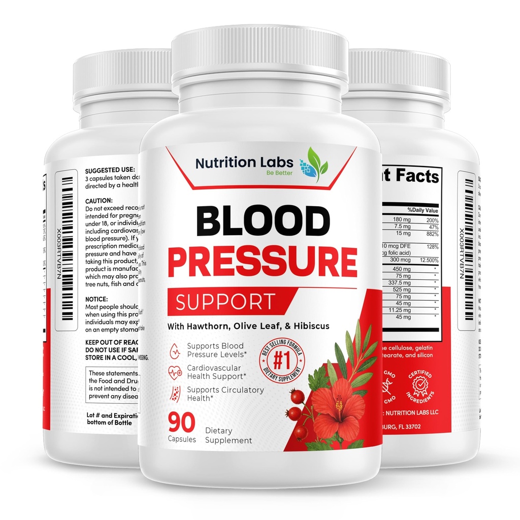 Suporte à pressão arterial e saúde do coração Suplemento cardiovascular W/Hawthorn, Hibisco. Suporte de óxido nítrico para suporte de pressão arterial normal W / vitamina B12 e ácido fólico. Suplementos de alho. 90 CT