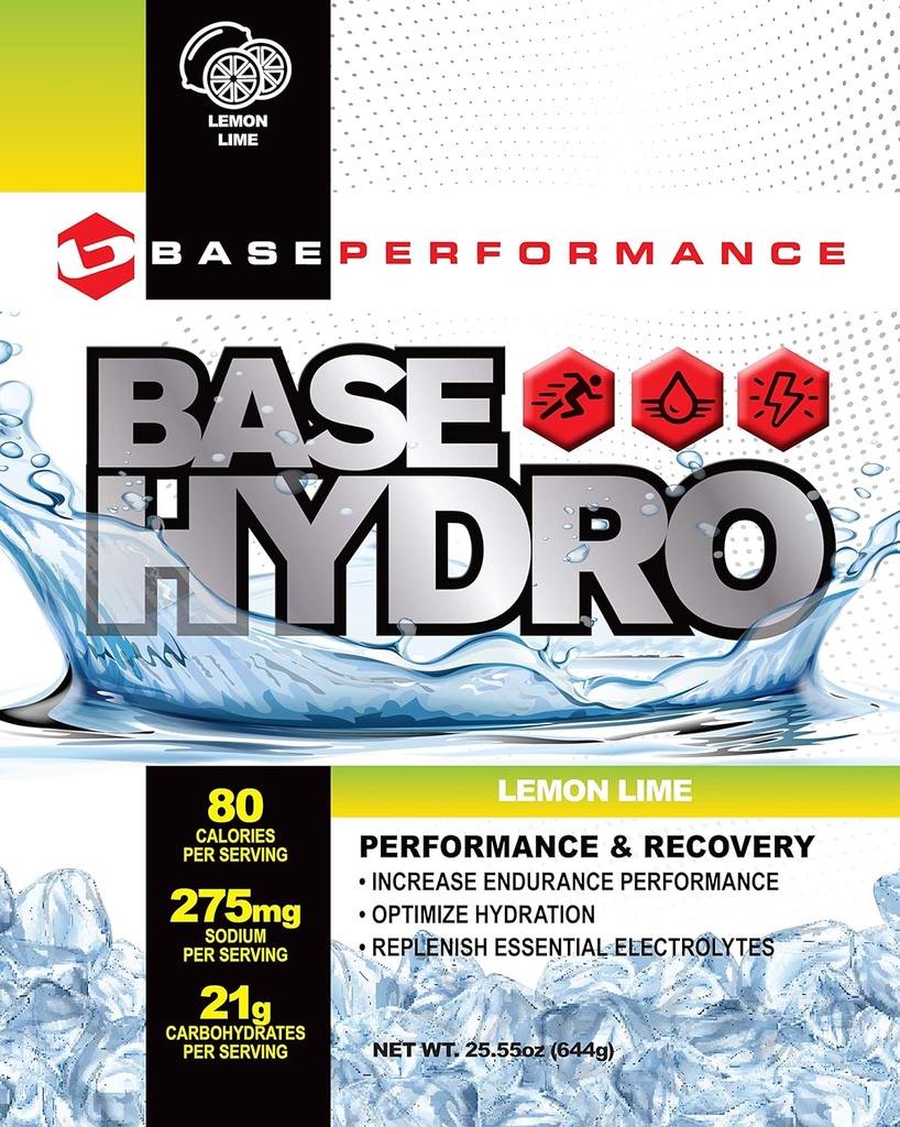 BASE Performance Hydro - Limão Limão 28 porções dentro de cada saco de milar eco-friendly. Mistura de dextrose, frutose, maltodextrina e eletrólitos essenciais.