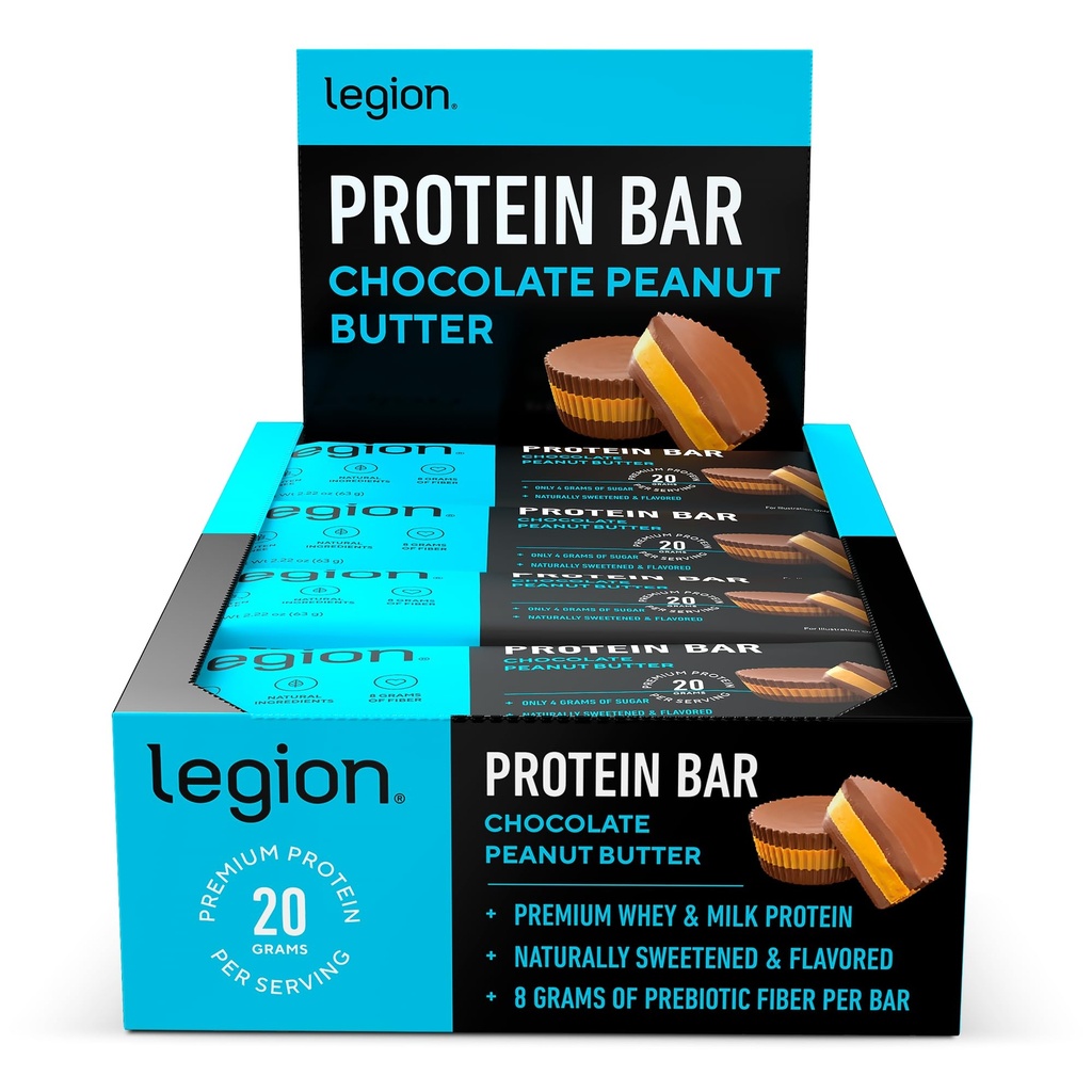 Legion Protein Bar Chocolate Manteiga de amendoim -100% Whey Protein, Baked Bars com Fibra Prebiótica - Alta Proteína (20g) Baixa Gordura (12g) Baixo Açúcar (4g), Sem Soja, Glúten - Sabor Natural (12 Count)