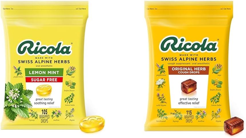 Ricola Sugar Free Limão hortelã Tosse Supressor Gotas Garganta, 105ct Bag & Original Natural Herb Gotas Tosse, 115 Conde, Supressor Tosse & Garganta Aliviando Gotas