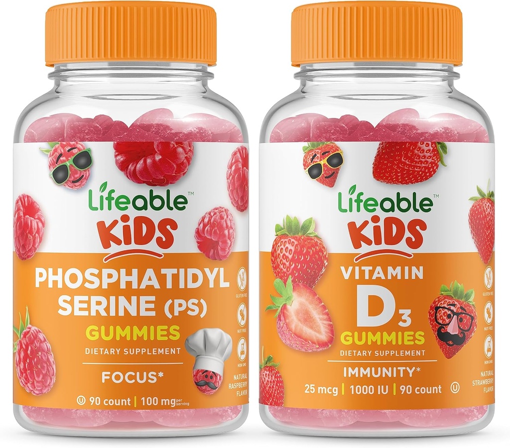 Fosfatidilserina vitalizável (PS) Crianças + Vitamina D Crianças, chicletes Bundle - Grande degustação, Suplemento Vitamina, Sem glúten, GMO Livre, Gummy mastigável