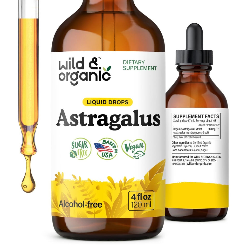 Selvagem & orgânica Astragalus Tintura - Suplemento de suporte imunológico w / Astragalus Raiz Extrato - Vegan Tintura para Imunidade - Açúcar & gotas sem álcool - 4 fl oz
