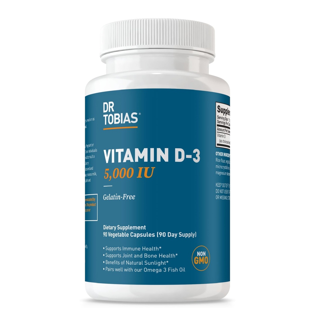 Dr. Tobias Vitamina D3 5000 UI, Essencial para Ossos Saudáveis, Dentes e Sistema Imune, Suplemento de vitamina D de força extra, Não-GMO, 90 Cápsulas, 90 Servings