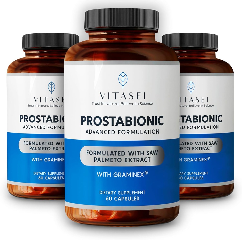 VITASEI Prostabiônico com Graminex, Serra Palmetto, Pigeum Africanum - Controle de bexiga e suplementos de próstata para homens - 60 Cápsulas (Pacote de 3)