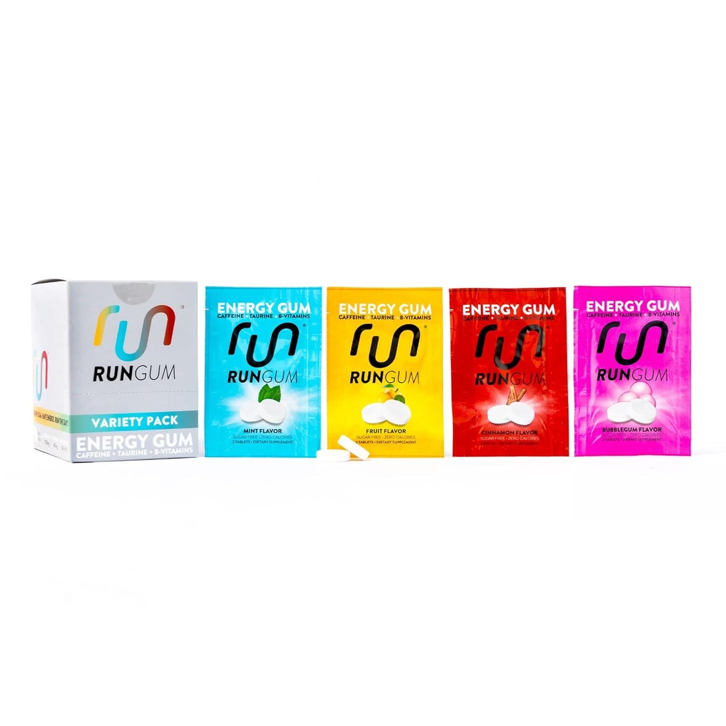 RUN GUM Variety PackEnergy mascar chiclete 50mg Cafeína Taurine & B-Vitaminas por peça, 24 Peças (Pacote de 12) Livre de Açúcar, Zero Caloria, Sem Aspartame, e Gluten Free