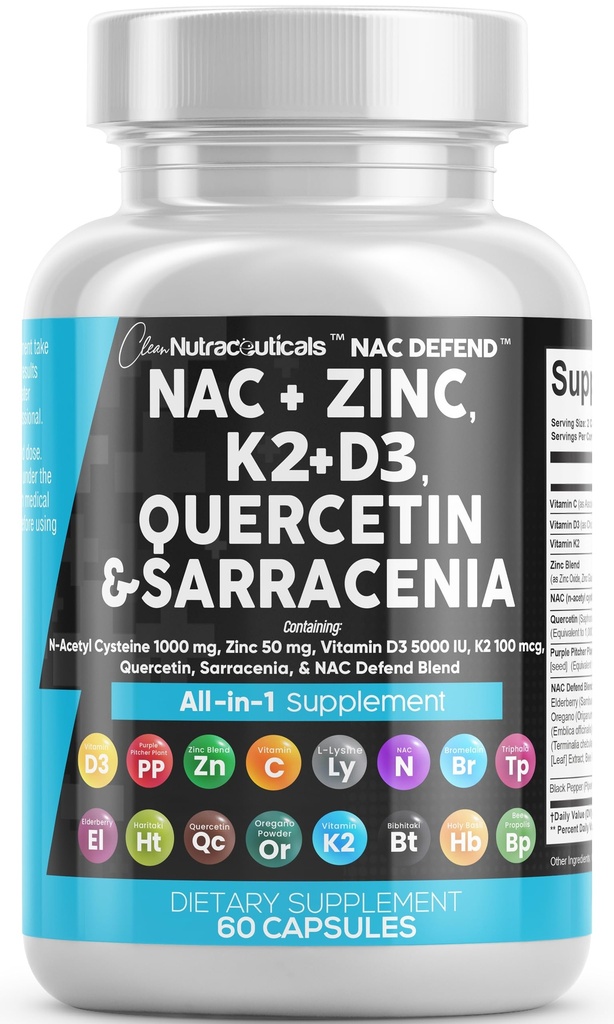 N-Acetil Cysteine Suplemento N-Acetil Vitamina D3 K2 Zinc Quercetin Sarracenia Purpurea Imune Support O Elderberry Holy Basil Bee Própolis Bromelain L-Lysine Cápsulas Suplementos para Mulheres Adultos