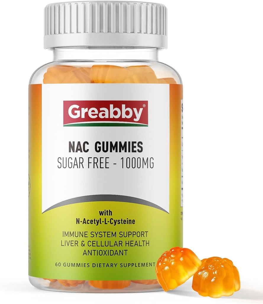NAC Gummies Açúcar Livre, N Acetil Cysteine NAC Suplemento 1000mg para antioxidantes, Pulmão & Saúde do fígado, Suporte imunológico, Vegan sabor laranja, 60ct