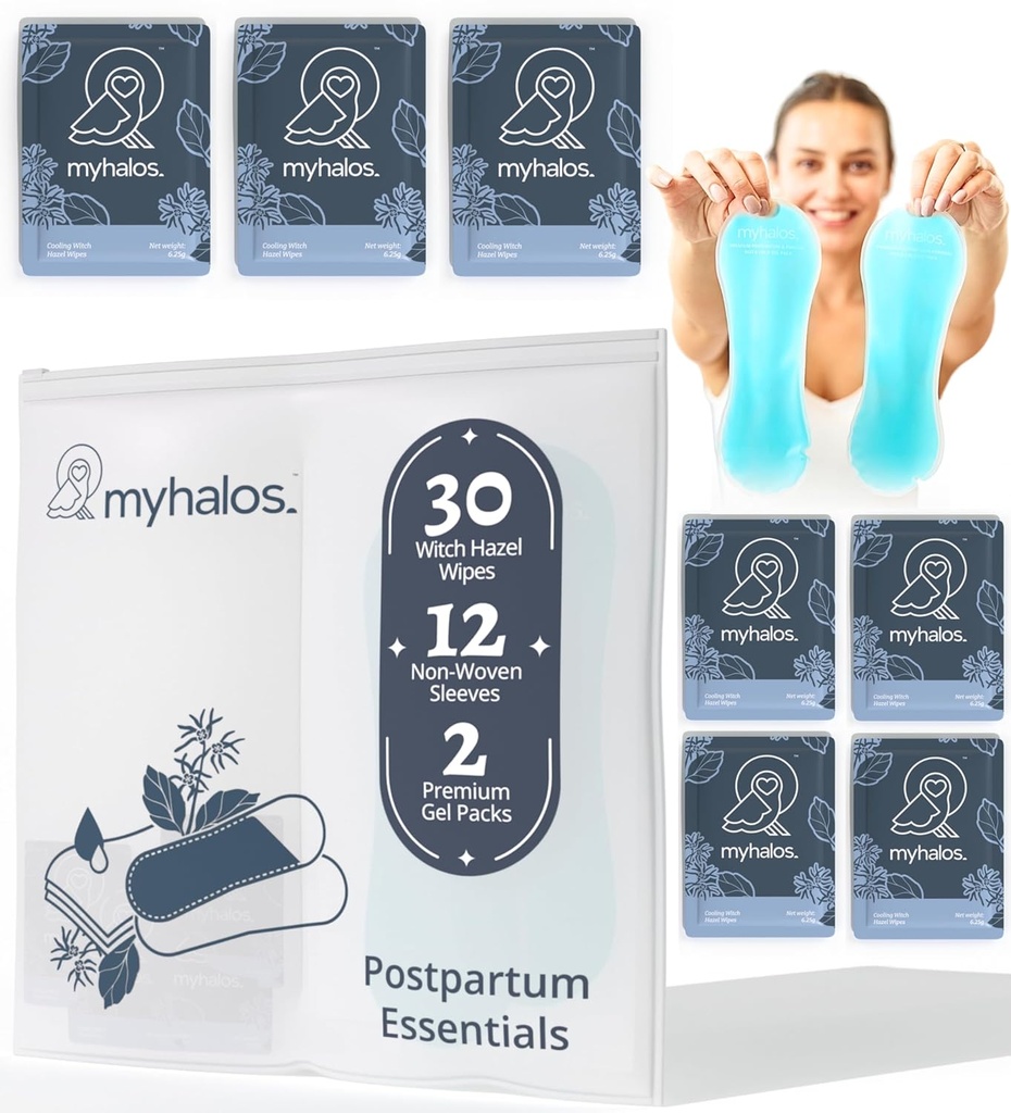 MyHalos 44 pcs- Witch Hazel Wipes & Perineal Ice Packs para pós-parto, hemorróidas e C Section Ice Packs para pós-parto -30 Alcohol Free Witch Hazel para pós-parto Care & Hemorróidas Cold Postpartum