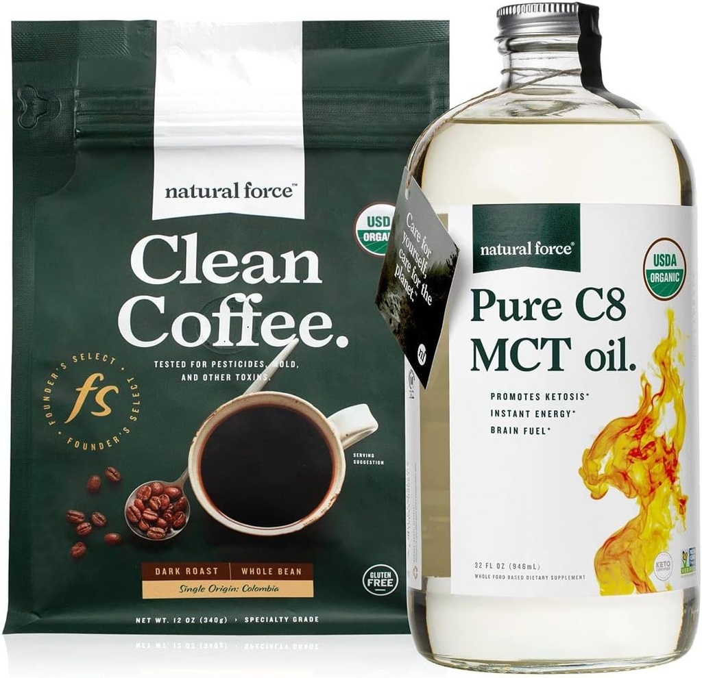 Força natural cinza assado limpo café + orgânico puro C8 MCT pacote de óleo – 100% C8 MCTs & Molde & Micotoxina café gratuito – Não-GMO, Keto, Paleo, e Vegan - 12 Oz e 32 Oz