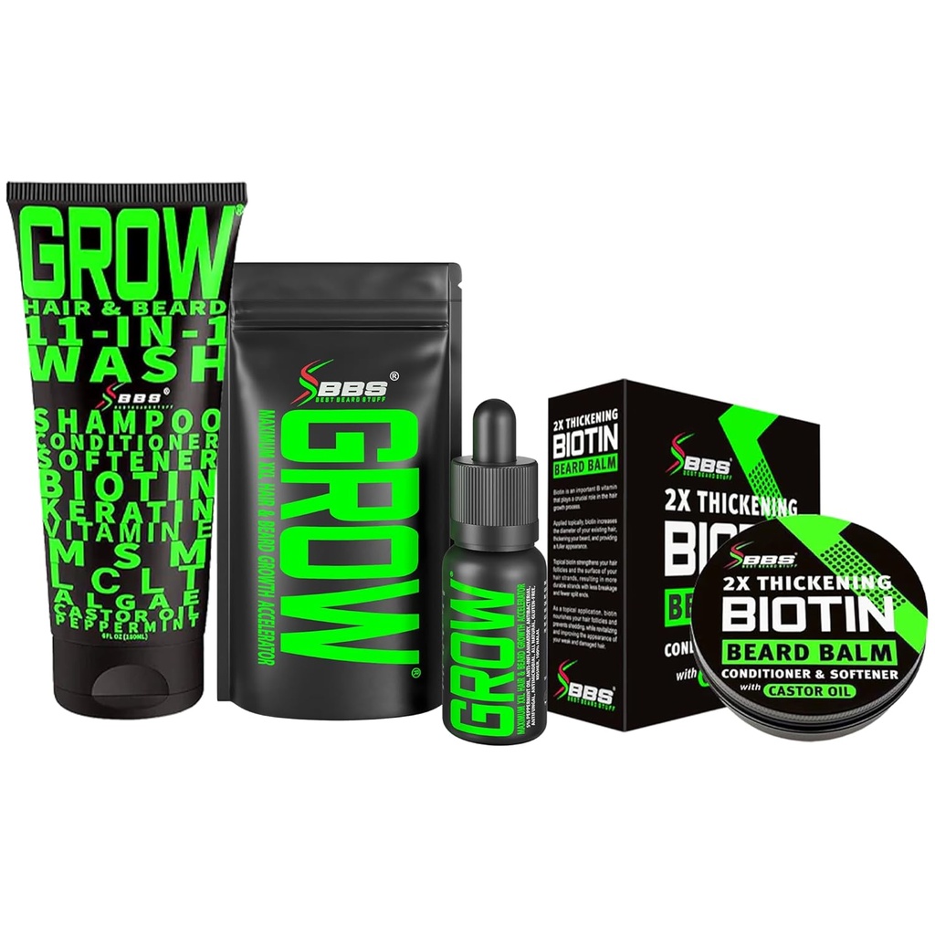 Kit de crescimento de barba w/ 2X Bálsamo de barba de biotina para homens e cera de bigode + CRESCIMENTO 11-em-1 Shampoo Mens & Condicionador (Champoo de crescimento de cabelo para homens w / Biotin) + CRESCIMENTO óleo de crescimento de cabelo facial (Made in America)
