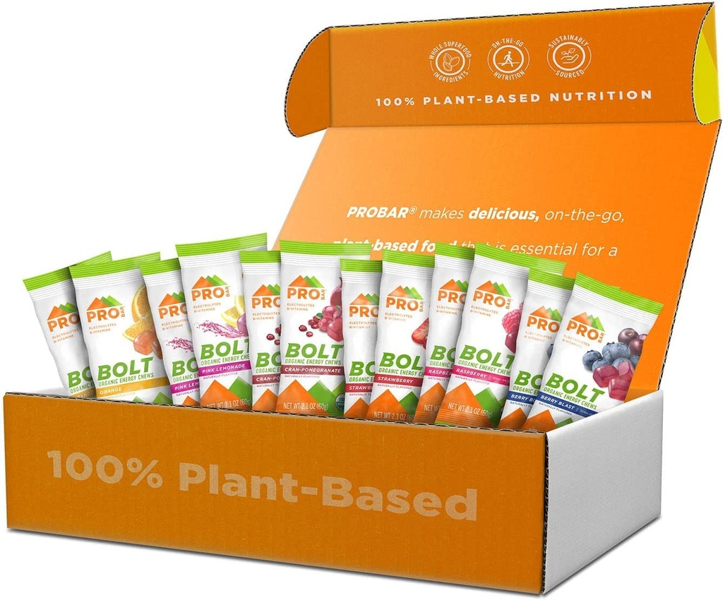 PROBAR - BOLT Organic Energy Chews, Variety Pack, Morango, Berry Blast, Laranja, Framboesa, Limonada Rosa, Romã de Cranberry - Gluten-Free, USDA Certified Organic (12 Count) - Flavors May Vary