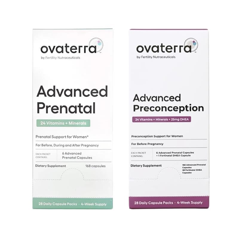 Ovaterra Advanced Prenatal & Preconception Multivitamin Bundle para Mulheres com DHEA 25mg, Choline 550 mg, Folato (Metilfolato) 1,010 mcg, Omega-3 DHA, EPA, Quelated Iron 364 Cápsulas - Fonte de 28 dias