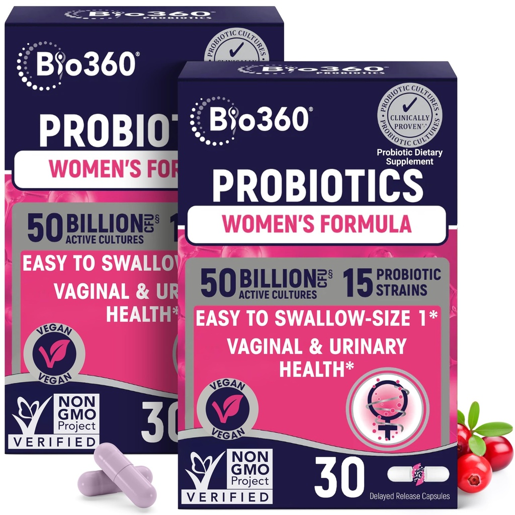 Bio360 Probióticos para a Saúde Vaginigal Mulheres - Suporta equilíbrio de pH, Vaginal, Urinário, & Saúde Digestiva - 50 bilhões UFC & 15 Strains exclusivos para saudável Odor vaginal & Flora vaginal - prateleira estável