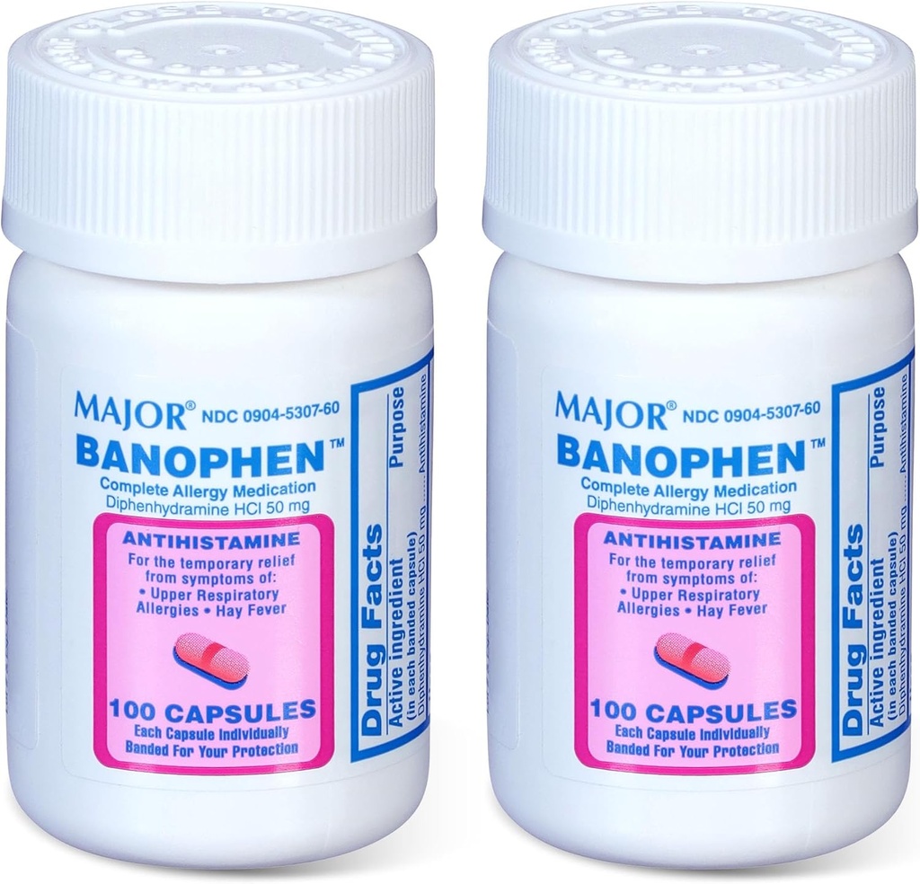 MAJOR Banohpen - Medicamentos de Alergia Completa - Difenidramina HCI 50 mg - Anti-histamínico - 100 Cápsulas (2 Embalagem)