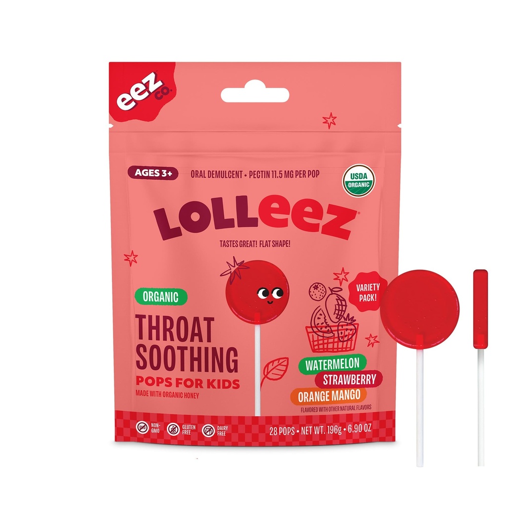 Lolleez Pirulitos Orgânicos para Crianças Alívio de Garganta Dolorido, Variety Pack Perfeito para Acalmar Uma Garganta Dolorida Enquanto Degustação Grande, Morango, Melancia e Mango Laranja, 28 Contagem