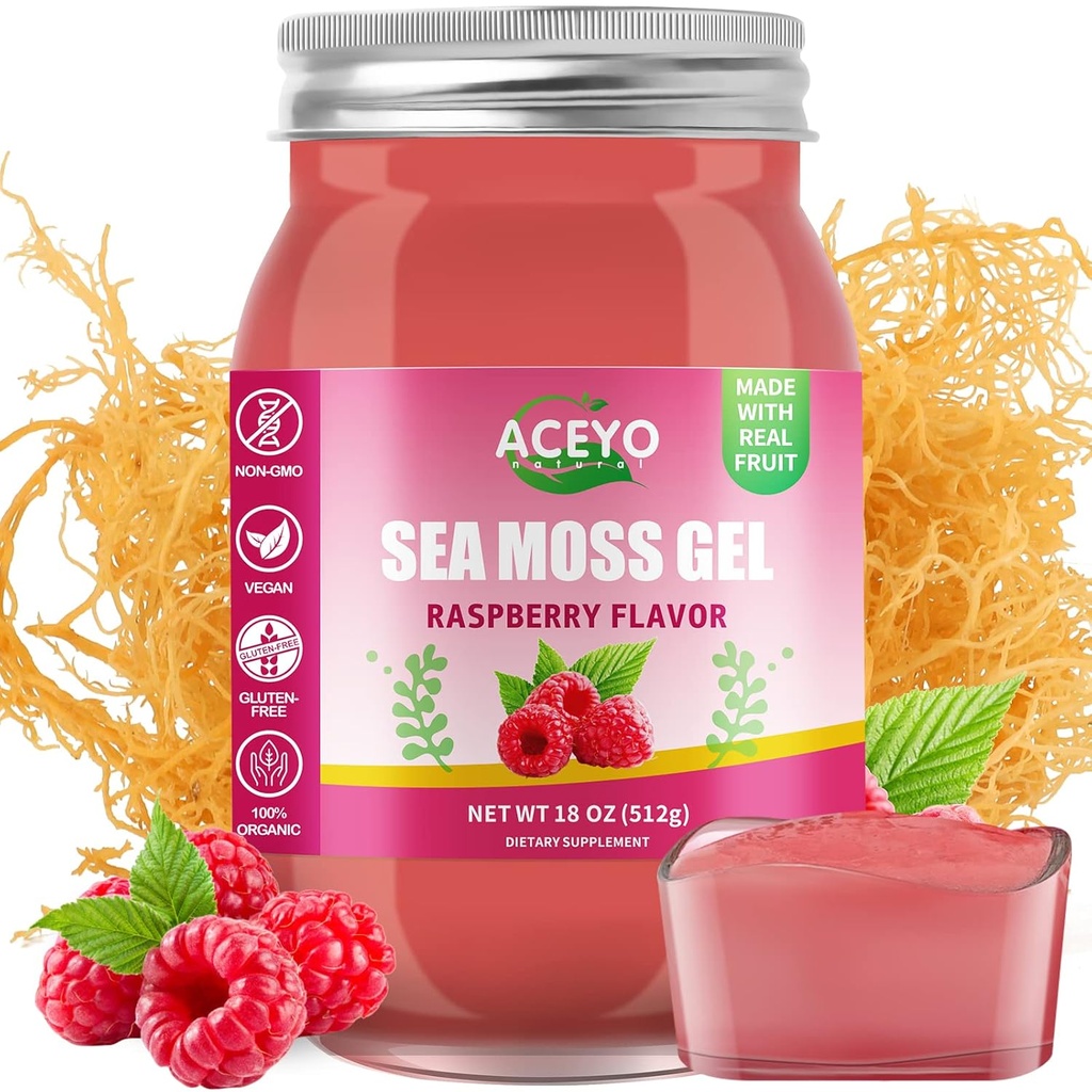 ACEYO (18 OZ) Irish Sea Moss Gel orgânico Raspberry Raw Vegan sabor 102 Vitaminas e Minerais Selvagem Colhida Não-GMO Imune Defesa reforço Thyroid Digestive Support
