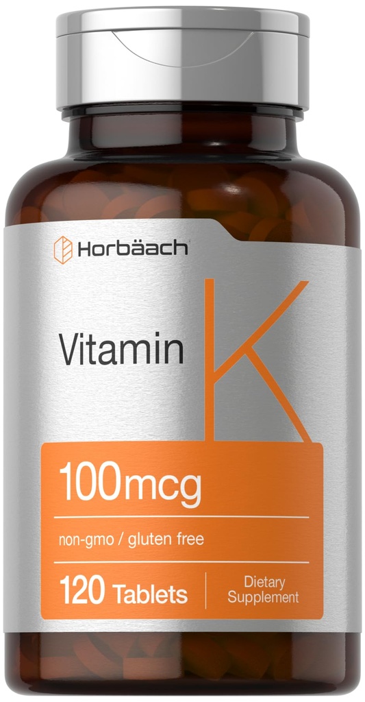 Horbäach Vitamina K Suplemento 100mcg ou 120 comprimidos, vegetariano, não-GMO e sem glúten