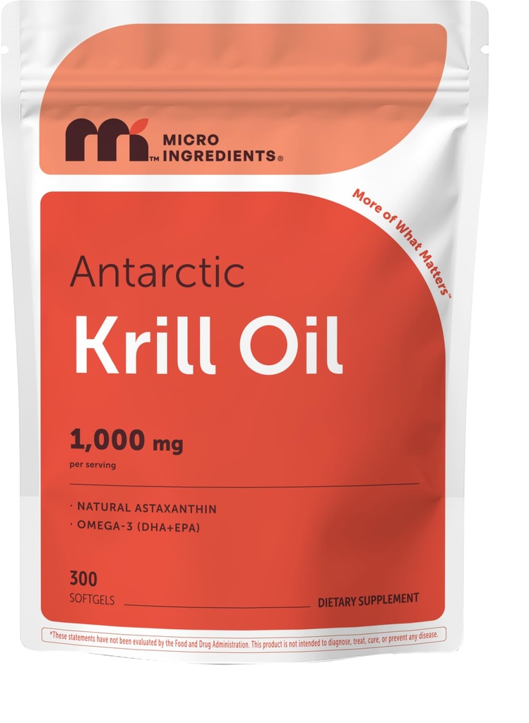 Micro Ingredientes Antárctico Krill Oil Supplement, 1000mg por serviço, 300Gels macios, rico em Omega-3s EPA, DHA & Astaxantina Natural, suporta sistema imunológico e saúde cerebral, fácil de engolir