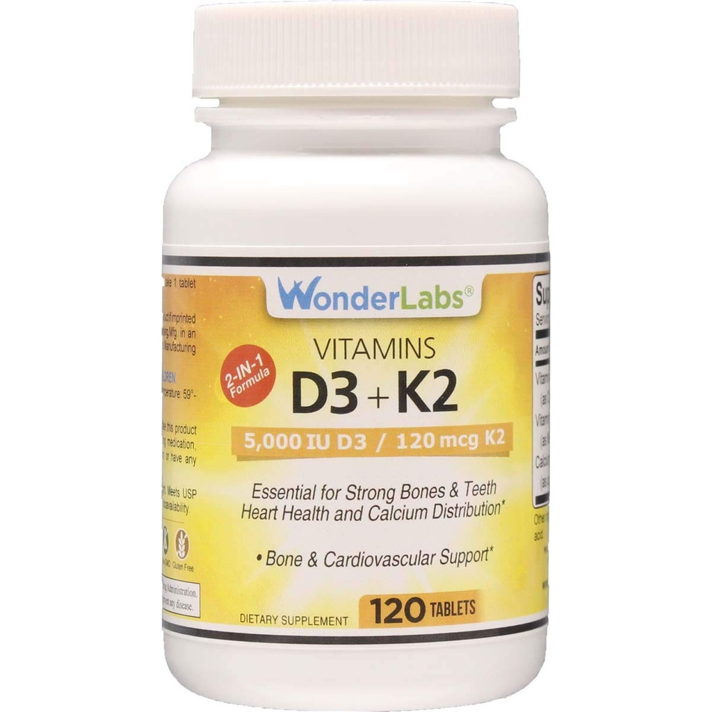 Wonder Laboratories Vitamina D 5.000 UI, Vitamina D3 + K2 Apoiar um sistema imunológico saudável, essencial para ossos fortes, saúde do coração e distribuição de cálcio, 120 comprimidos