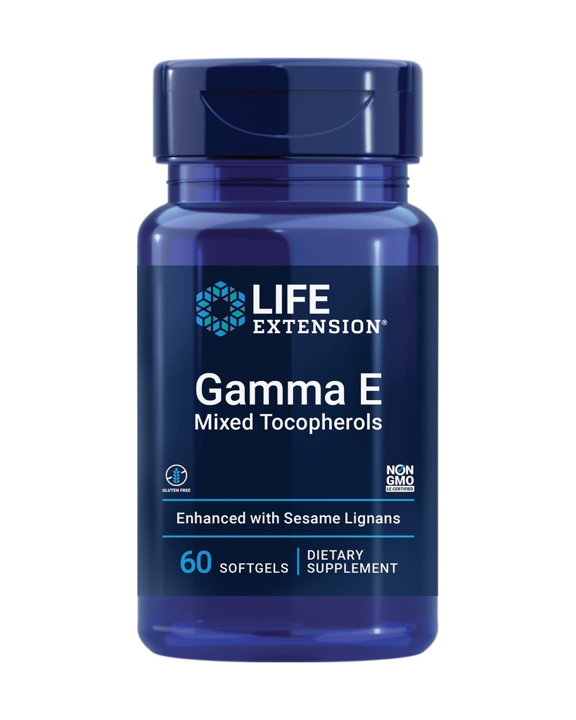 Extensão de vida Gamma E Tocoferols mistos, Envelhecimento saudável, Suplemento de vitamina E, Melhorado com lignans de sésamo, Sem glúten, Não-GMO, 60 softgels