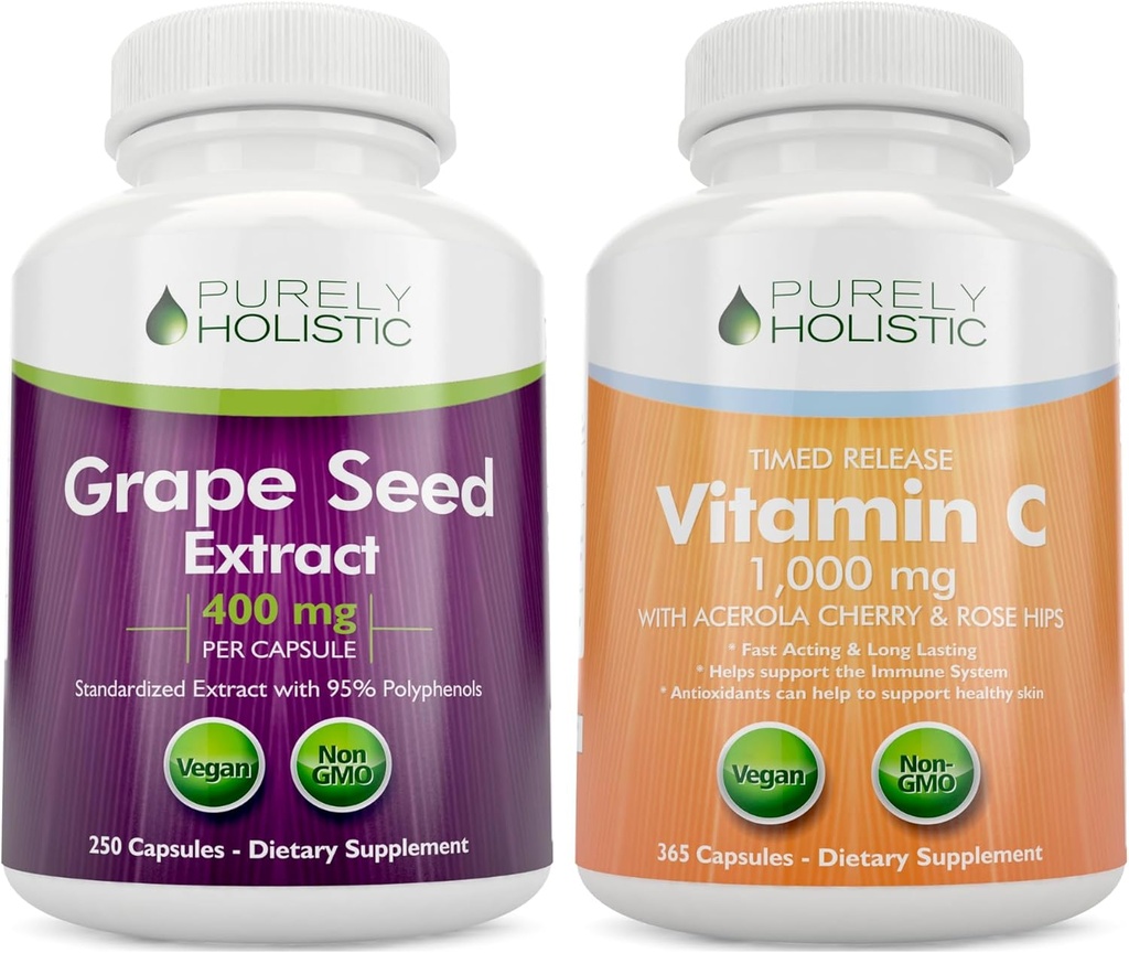 Puramente Holistic Grape Seed Extract 400mg + Vitamina C 1000mg Time Release Bundle - 615 Cápsulas Vegan - Made in USA