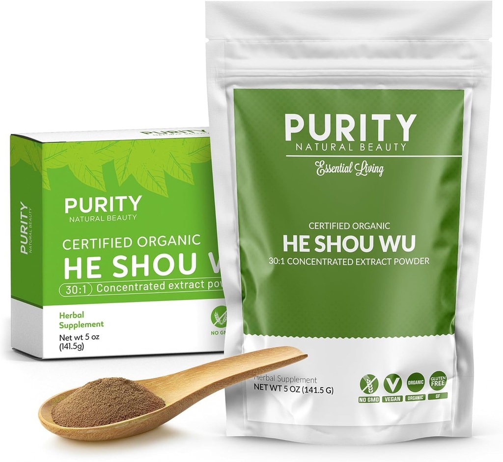 Certificado Orgânico He Shou Wu - Grande saco de 5 onças de 30:1 Concentrado-Fo-ti - Extrato de Foti Orgânico-Fo ti He Shou Wu Organic-Plus Spoon livre de bambu