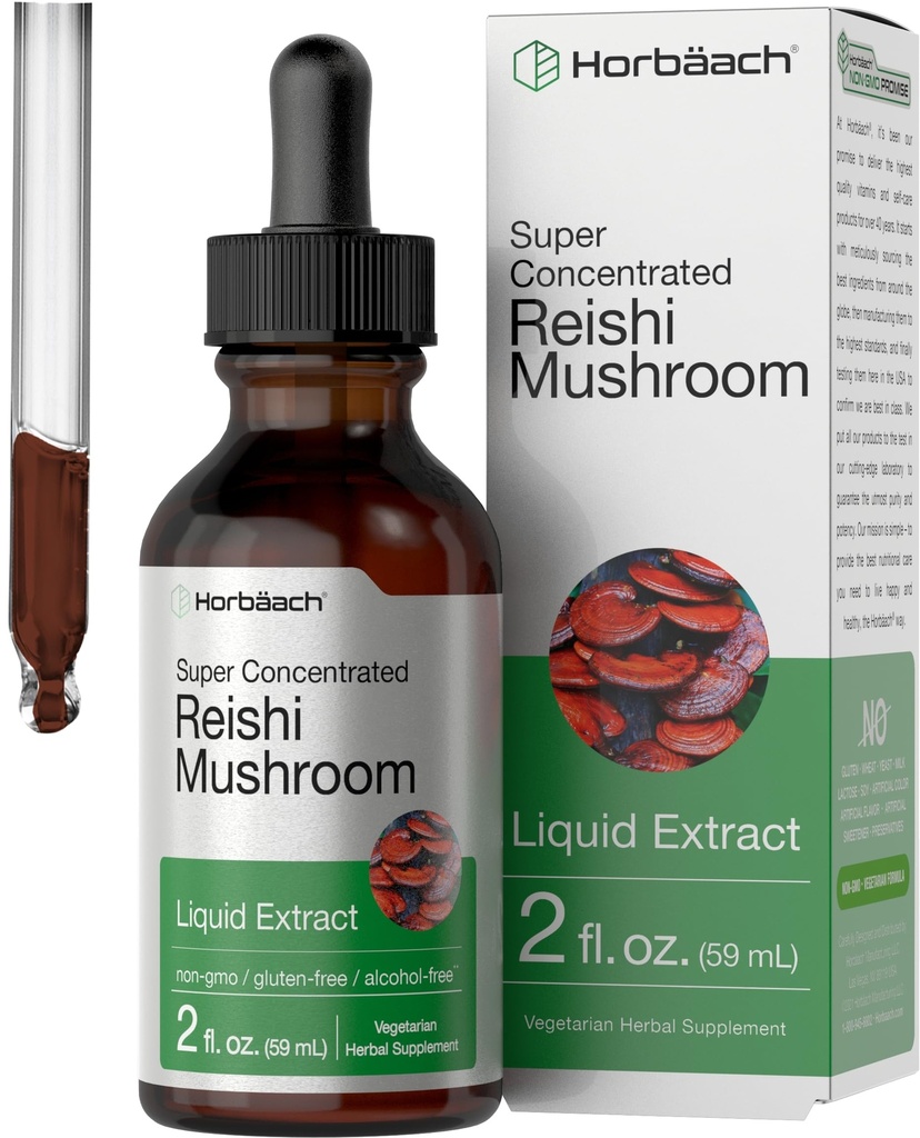Horbäach Reishi Mushroom Extract Tintura 2 Fl Oz Drops Líquidos Ganoderma Lucidum Vegetarian, Alcohol Free .