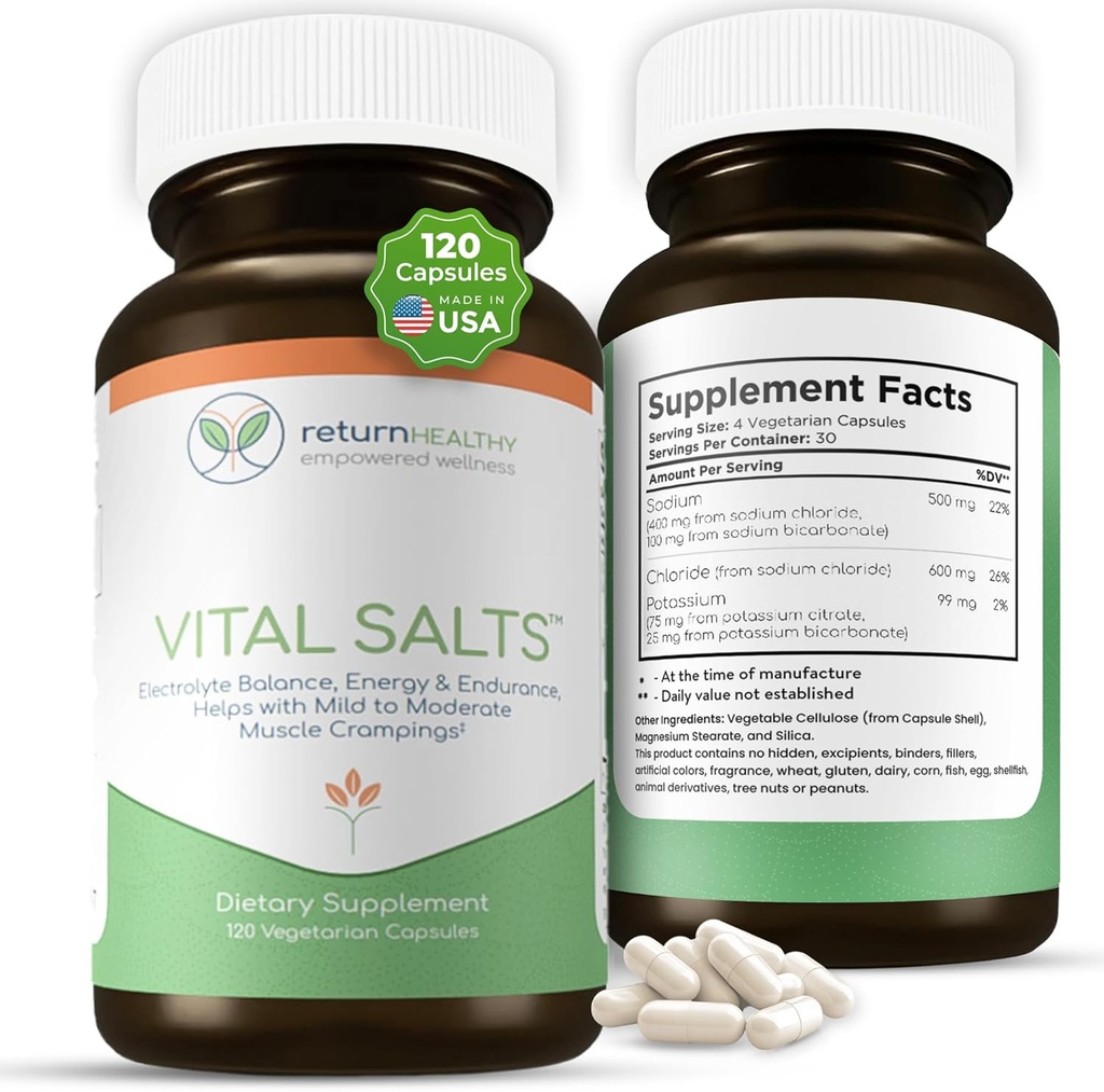 Sais Vitais, Sales Eletrolíticos para Energia e Endurance, Cloreto de Sódio, Suplementos Eletrolíticos, Suplemento de Suporte de Pressão Arterial, Cães Músculos Alívio, 120 Cápsulas Salinas - Retorno Saudável