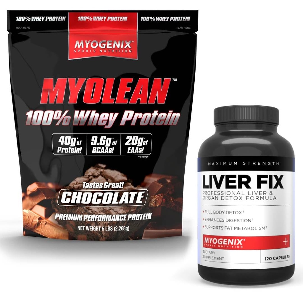 Myogenix Suplemento de suporte de fígado e Myolean Chocolate Whey Protein – Saúde avançada do fígado e recuperação muscular com 40g de alta proteína Whey – Detox de suporte, crescimento e desempenho