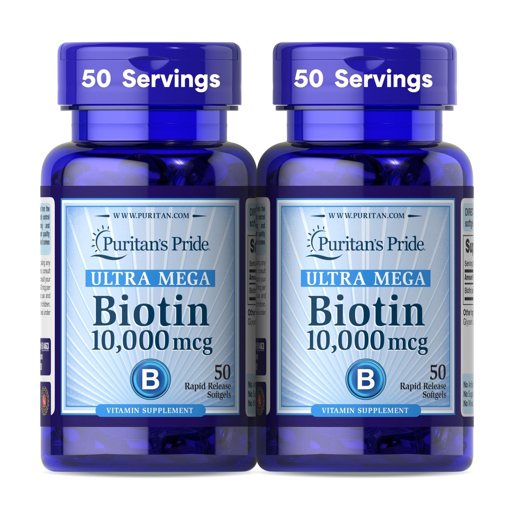 Puritan's Pride Premium Ultra Mega Biotin 10.000mcg, Suplemento dietético para cabelos saudáveis, pele, pregos e suporte de metabolismo energético, fornecimento de 100 dias, 50 Softgels de liberação rápida, 2 Pack