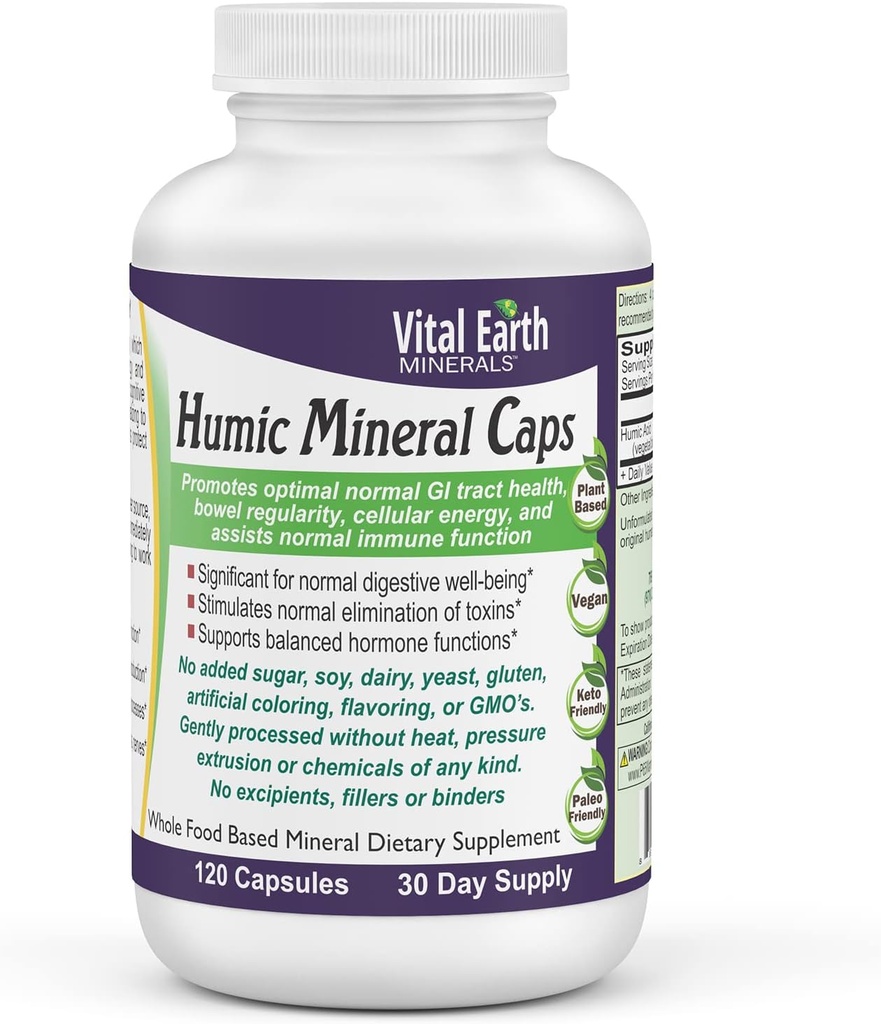 Minerais Vitais da Terra Minerais Humic Cápsulas de Minerais Humic - 70+ Minerais Trace com naturalmente ocorrendo Ácido Fulvico, Suplemento Mineral Alcalizante para Detox, Saúde Gut, Bem-Estar, 120 Conde