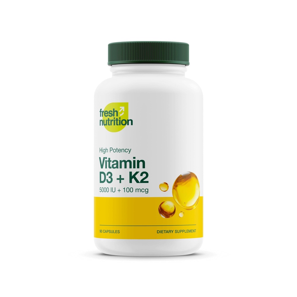 Nutrição fresca Vegan Vitamina D3 + K2 Cápsulas - 5000 UI D3 + 100mcg K2 como MK-7 para Absorção Optimal - Saúde Imune, Saúde Óssea, Humidade - Não OGM - 90 Cápsulas, 3 Mês de Abastecimento