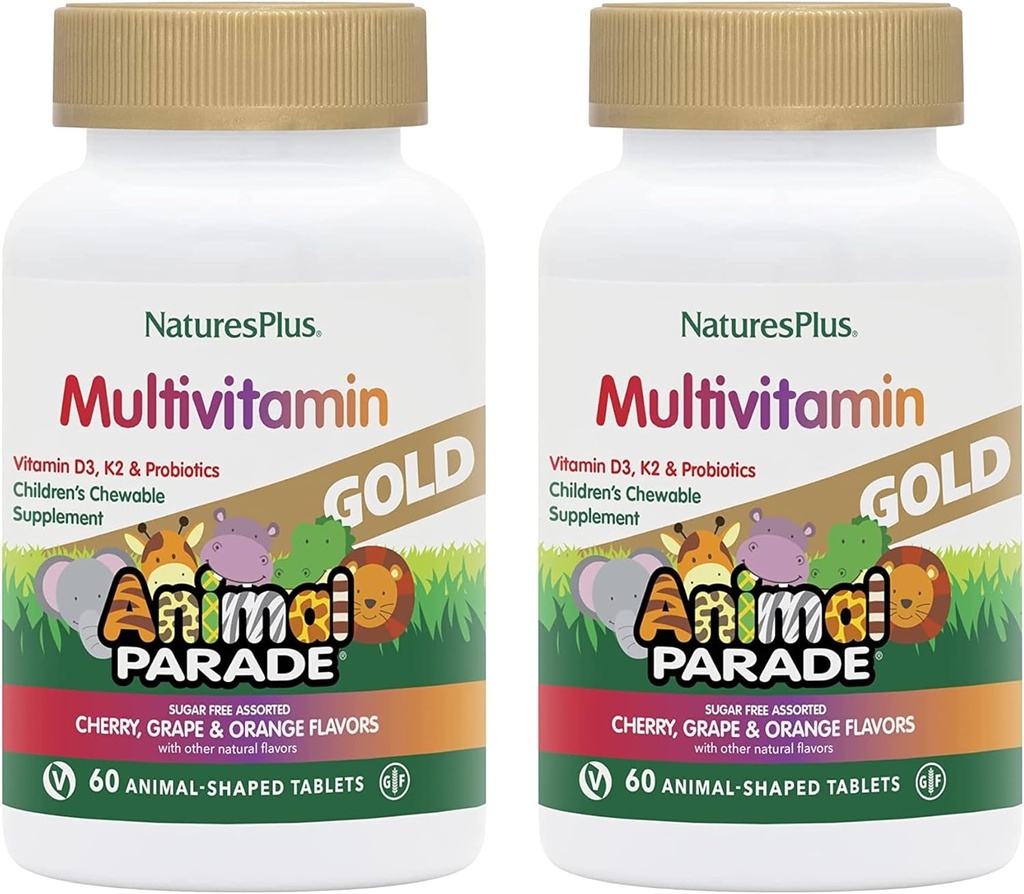NaturesPlus Animal Parade Gold Multivitamin infantil - Cereja variada, laranja e sabores de uva - 60 comprimidos mastigáveis, pacote de 2 - Vegetariano, sem glúten - 60 Total Servings