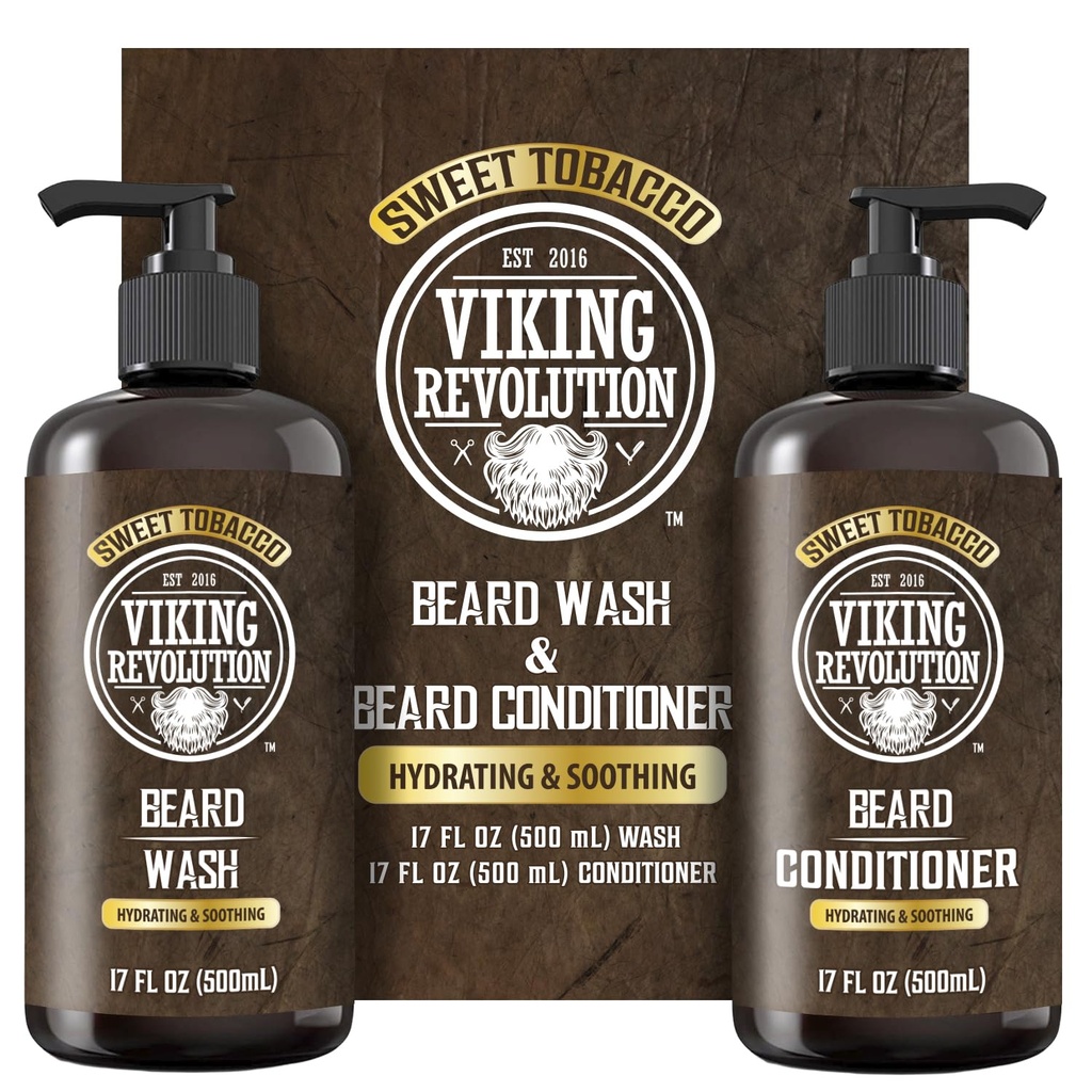 Viking Revolution Beard Wash and Beard Conditioner para homens com óleo de Argan e óleo de Jojoba - Beard Softener and Fortalecer Beard Care Shampoo and Conditioner with Beard Oil (17oz, Sweet Tobacco)