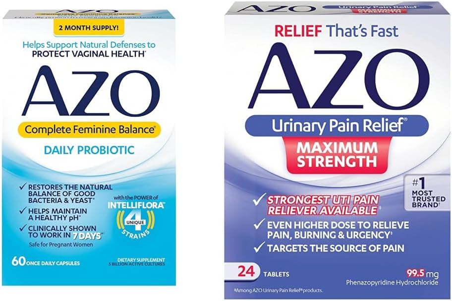 AZO Equilíbrio feminino completo Probióticos diários para as mulheres, clinicamente comprovada para ajudar a proteger a saúde vaginal e alívio da dor urinária força máxima , rápido alívio da dor ITU, queima e urgência