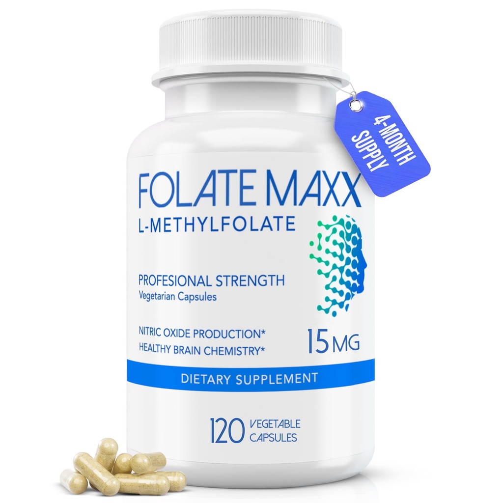 FolatoMaxx L-Metilfolato 15mg, 120 cápsulas – Dr Formulado Folato de Metila Suplemento para Mulheres e Homens – Alta potência 5-MTHF para energia, humor e foco – Não-GMO, sem glúten (4-mês de fornecimento)